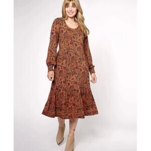 Canyon Retreat Rust Floral Long Sleeve Tiered Ruffle Midi Dress SP Country Fall